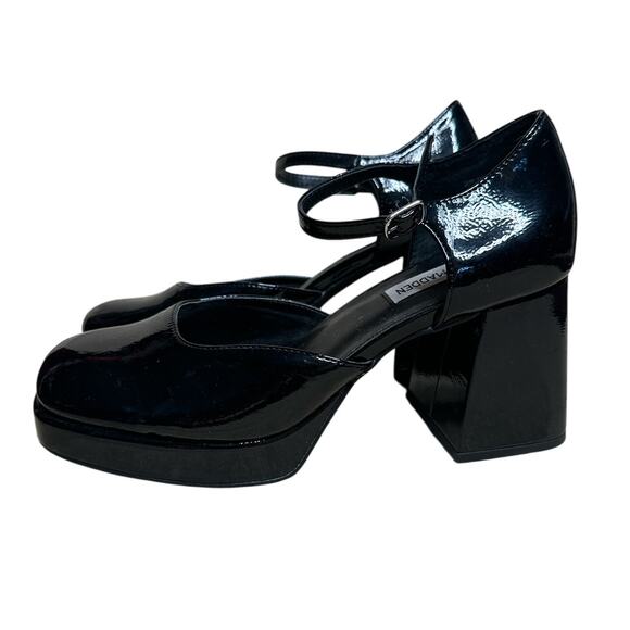Steve Madden Black Faux Patent Leather Block Heel Mary Jane Shoes 3.25" Heel 8M - Picture 4 of 14